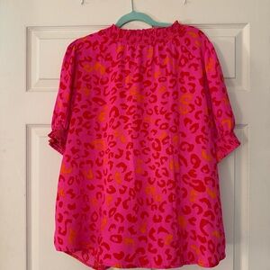 JODIF Pink Leopard Print Smocked Neck Blouse Size L